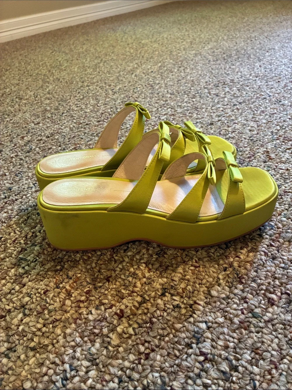 INTENTIONALLY BLANK Lime Green Satin Multi-Strap Bow Platform Sandals